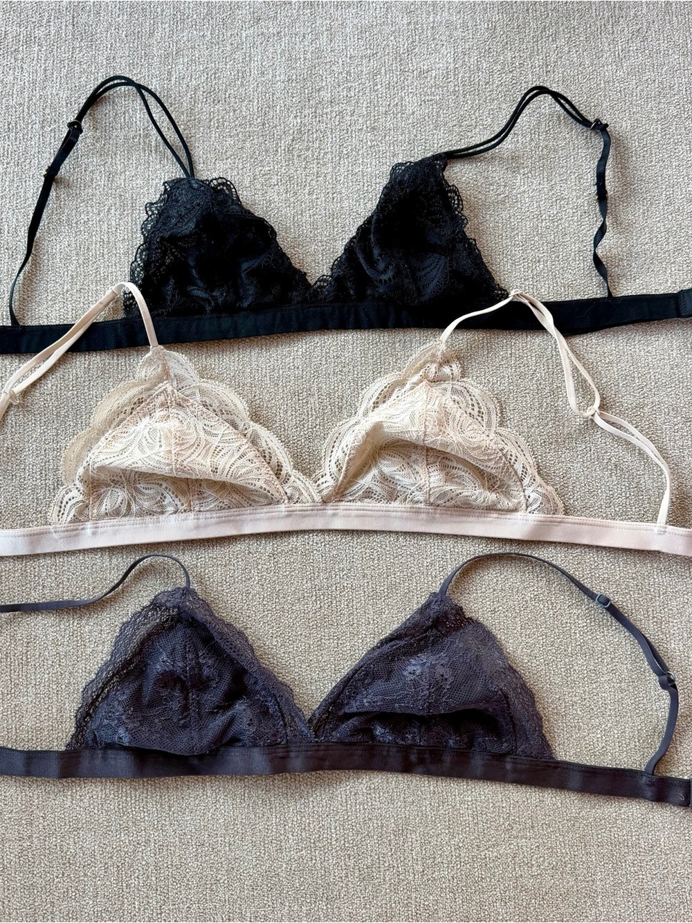 Urban Outfitters Lace Bralette Trio - Black, Cream, Charcoal